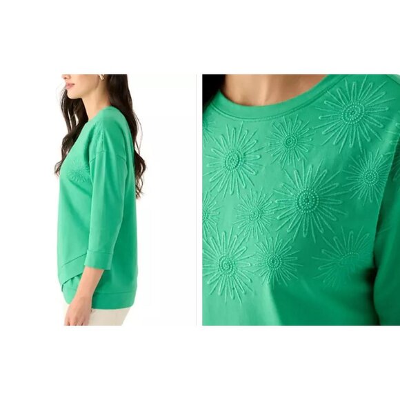 NWT Women's Kelly Green 3/4 Sleeve Knit Terry Top with Embroidery Size Medium - Picture 2 of 3